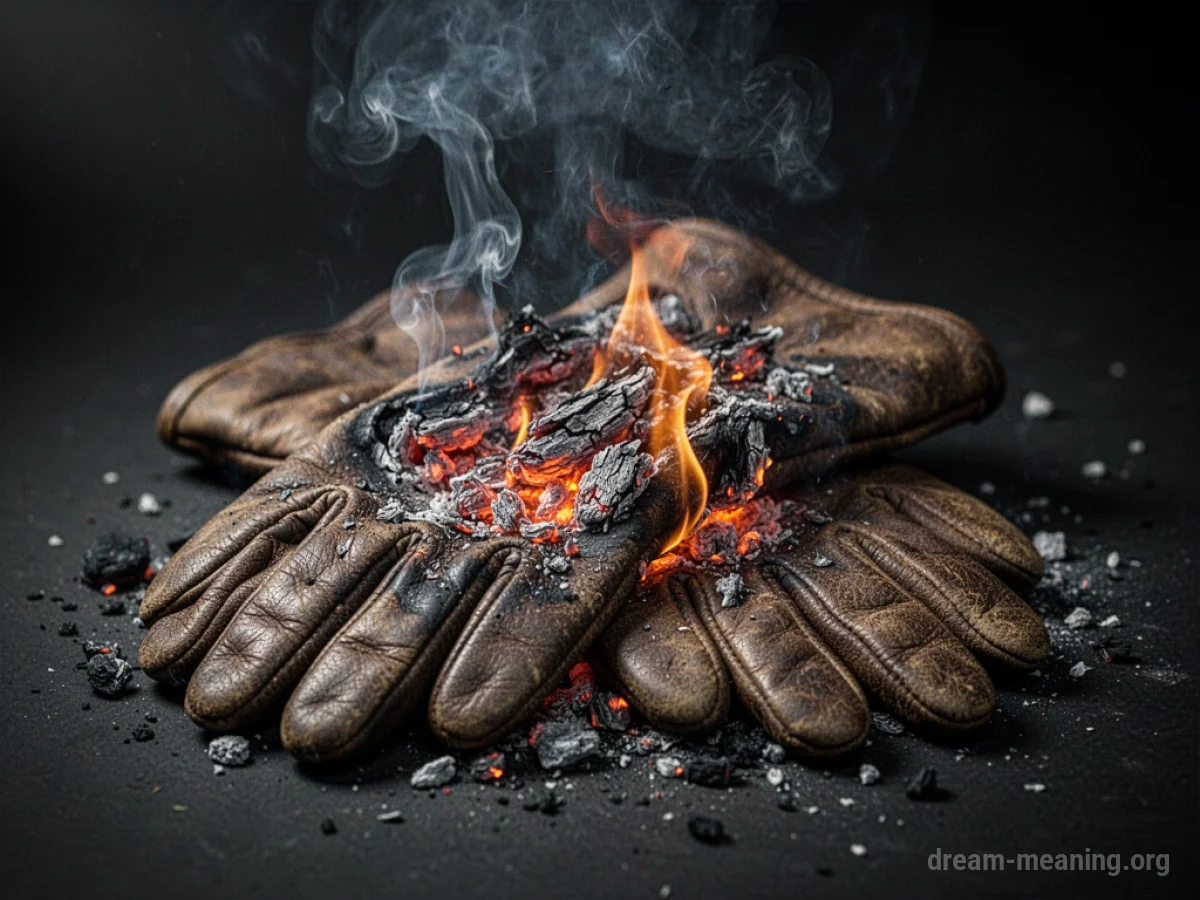 A pair of leather gloves on fire with smoke rising.
