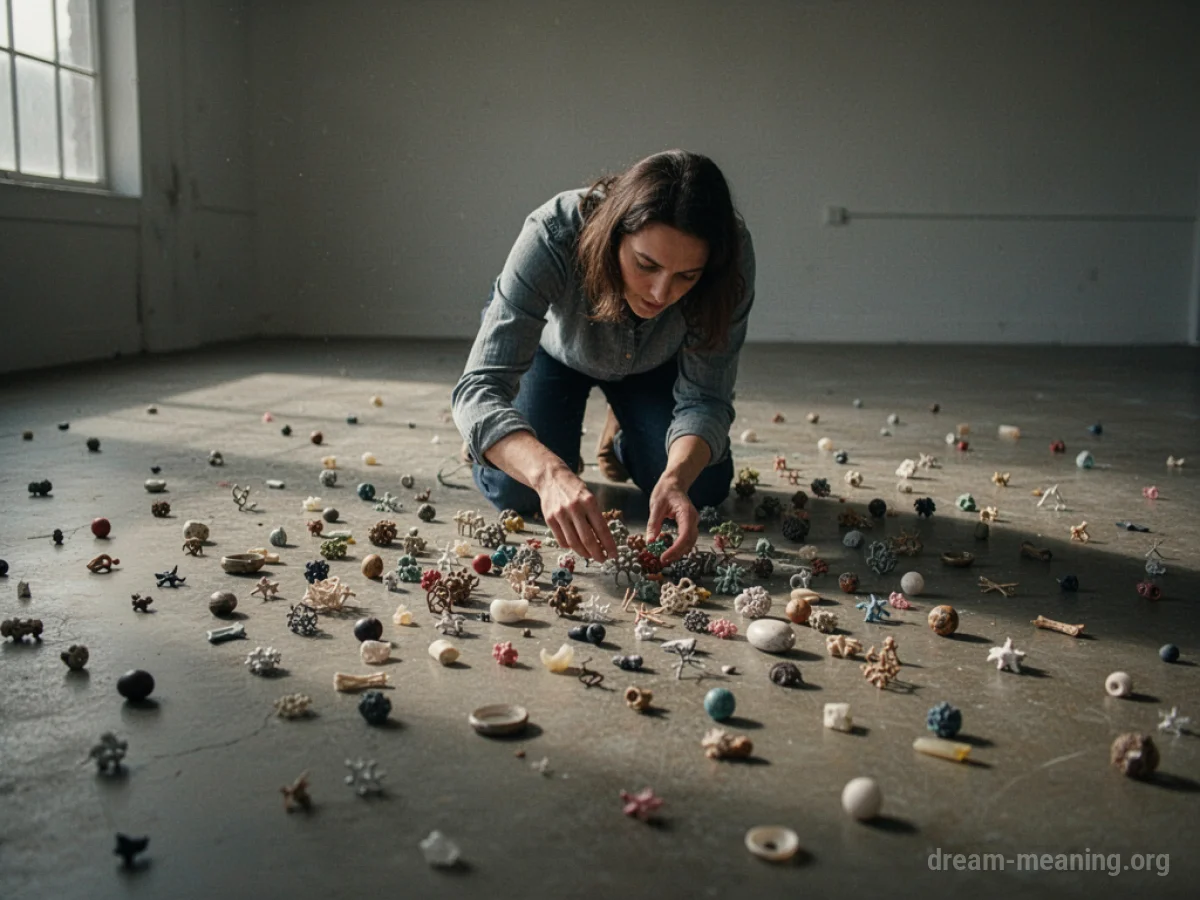 A person's hands attempting to pick up multiple small objects scattered on a floor.