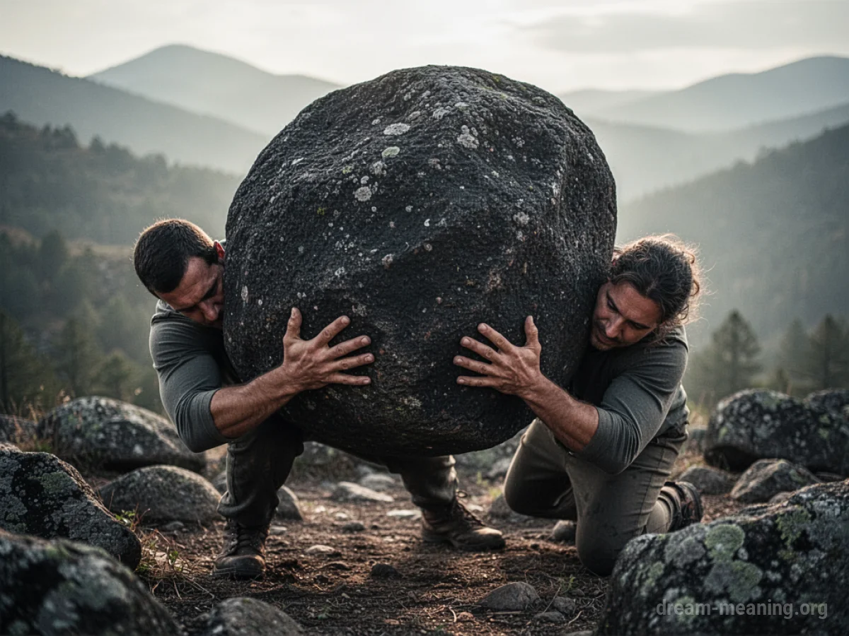 A silhouette of a person straining to lift a massive, dark boulder.