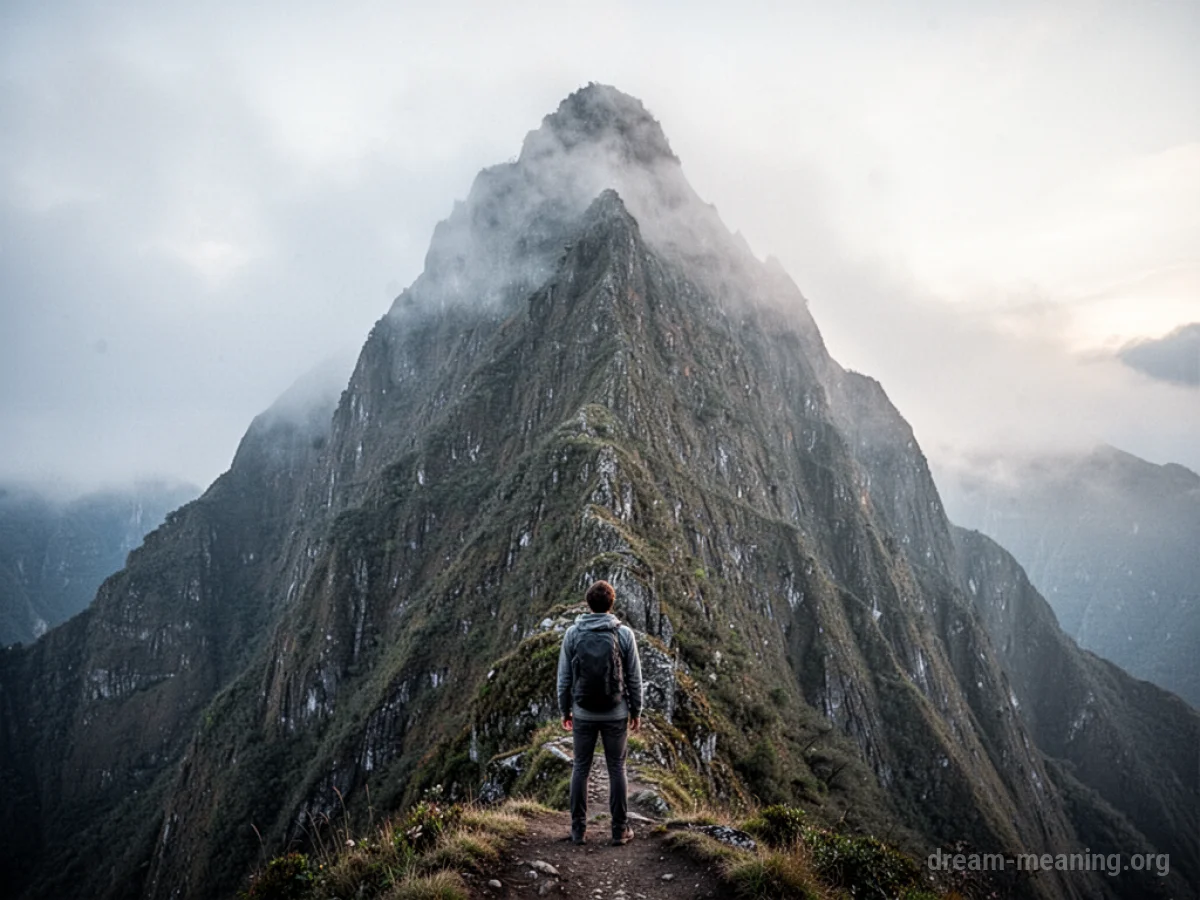 A silhouette of a person gazing up at a distant, mist-covered mountain peak.