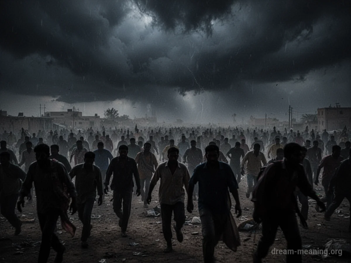 Silhouetted figures in a disorganized crowd beneath a dark, cloudy sky.