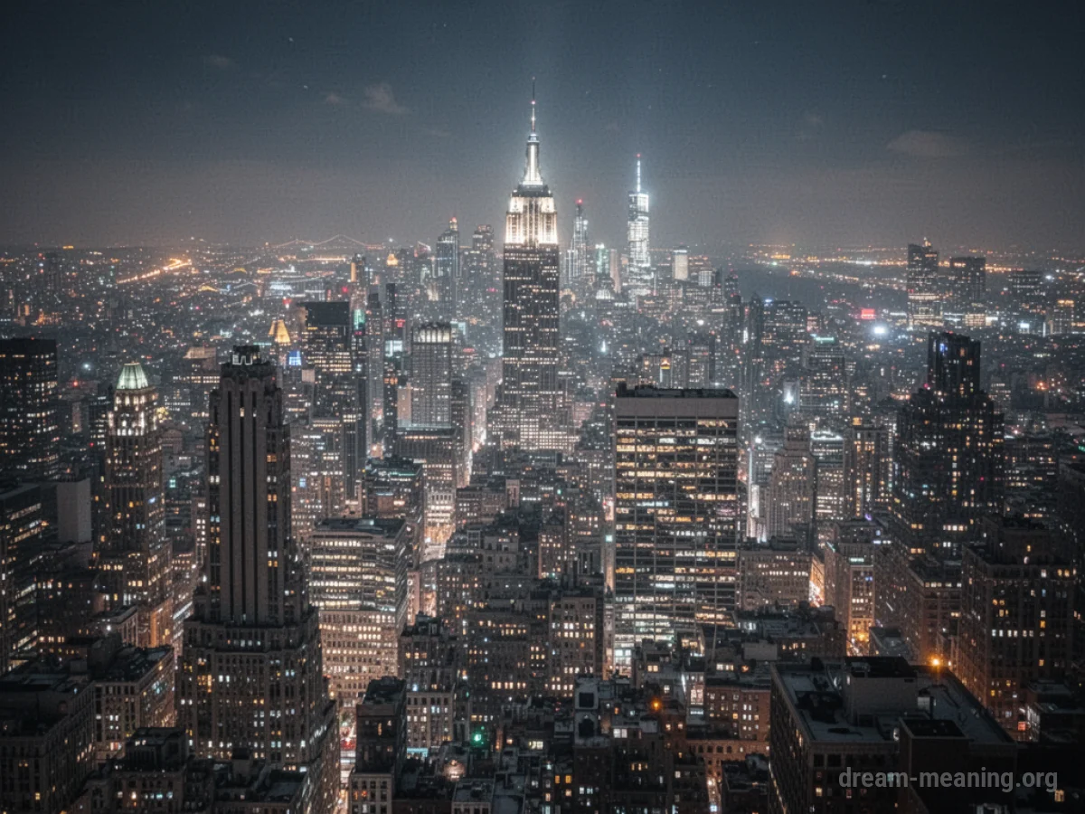 A nighttime cityscape with glowing buildings.