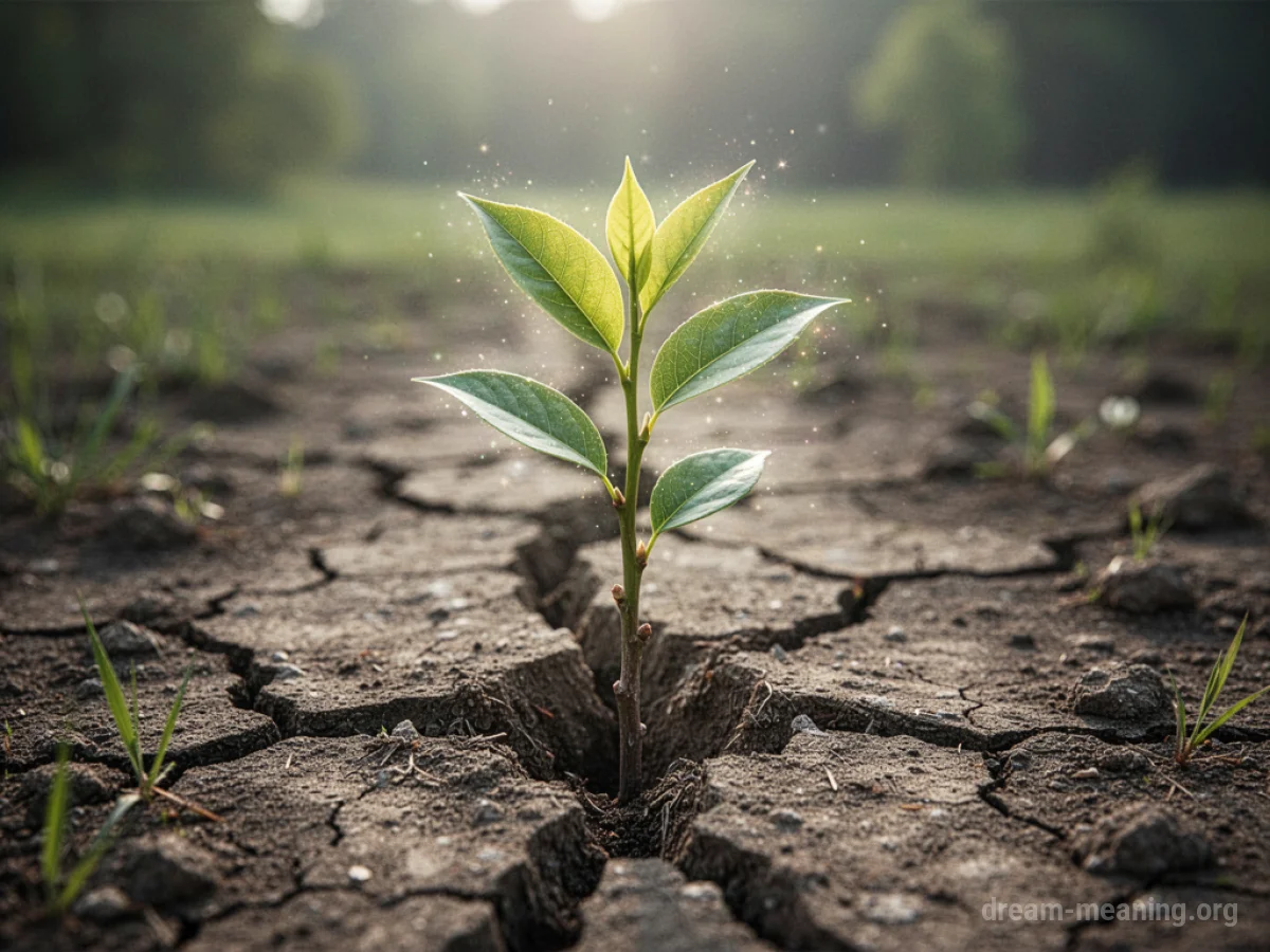 A small green sprout emerging from dry, cracked ground.