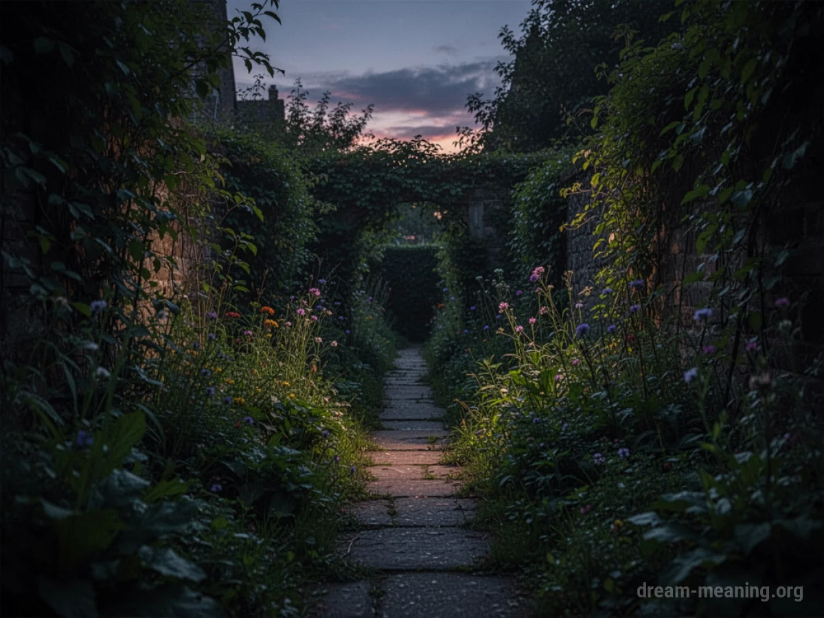 A shadowy garden path winding into darkness.