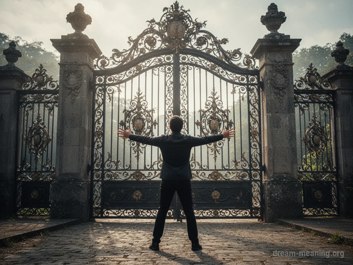 A person stands in front of a large gate with arms outstretched.