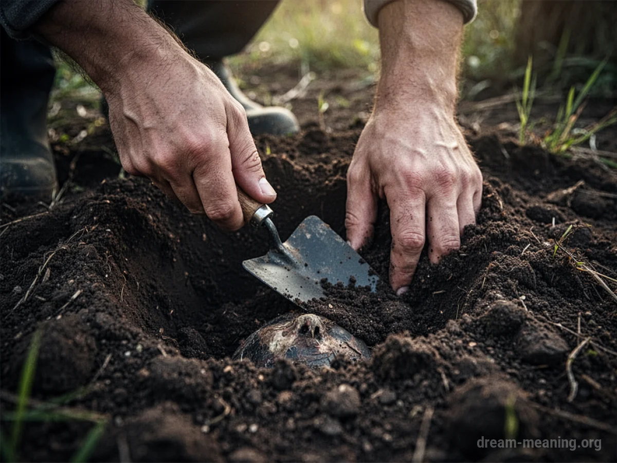 Hands digging into dark soil with a small garden trowel.