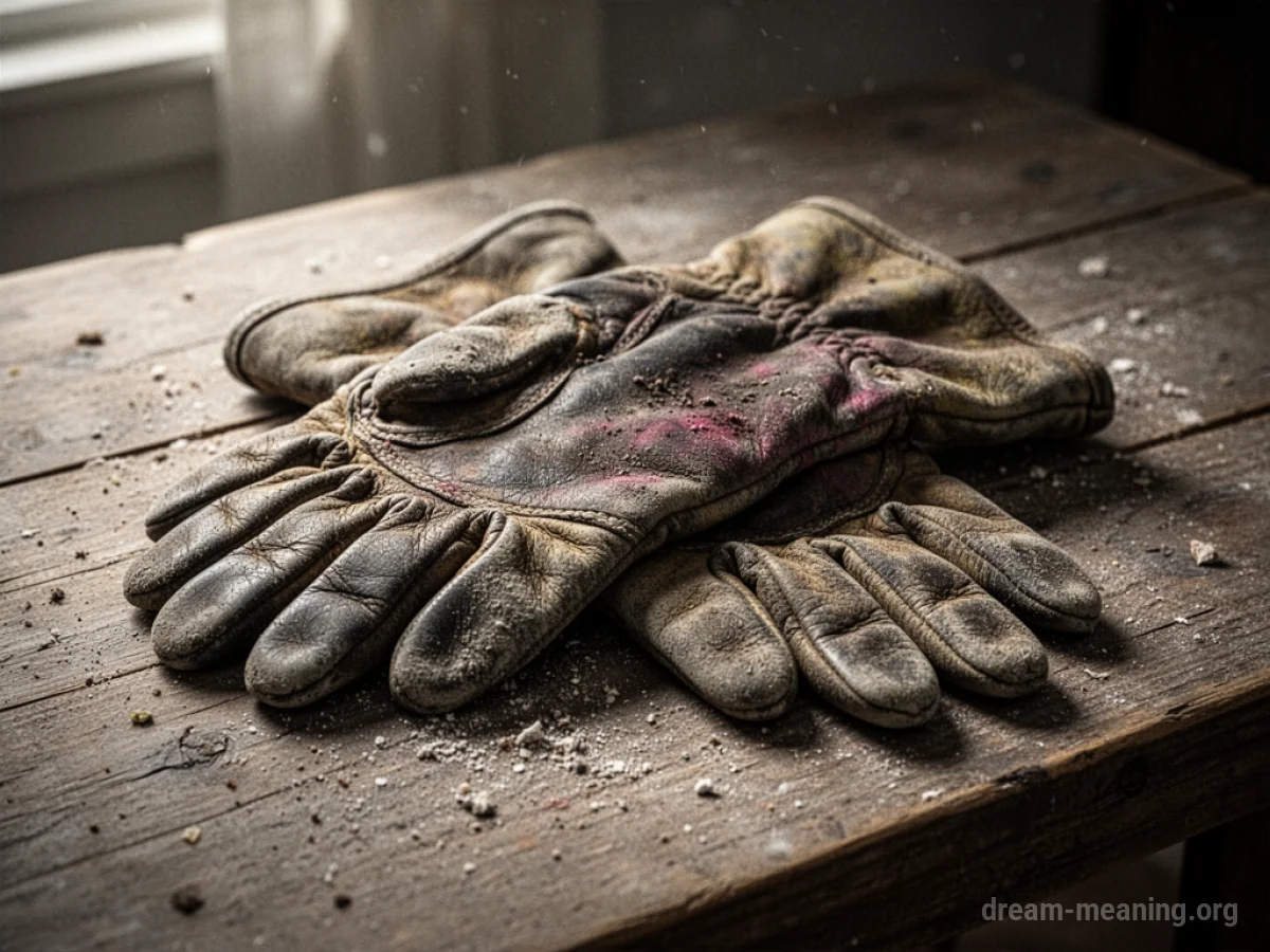 A pair of worn, discolored gloves resting on a wooden table.