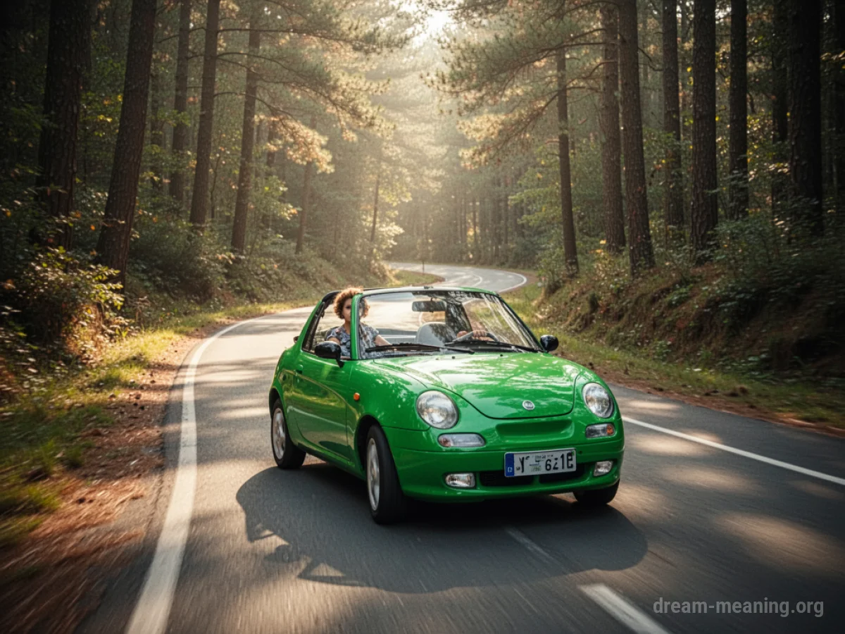 A green car driving on a road through a forest.