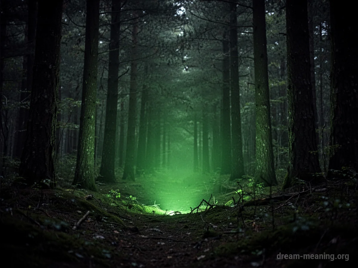 A subtle green light glows in a dark, atmospheric forest.