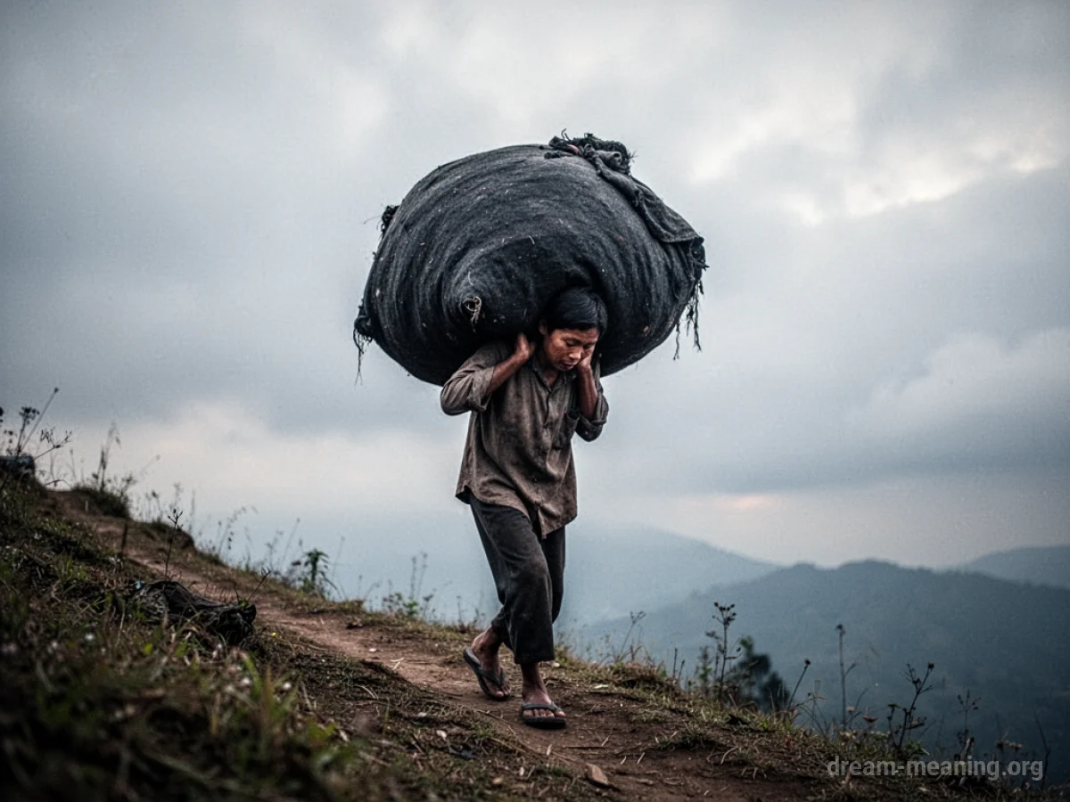 A person struggling to walk uphill under a dark sky, carrying a heavy burden.
