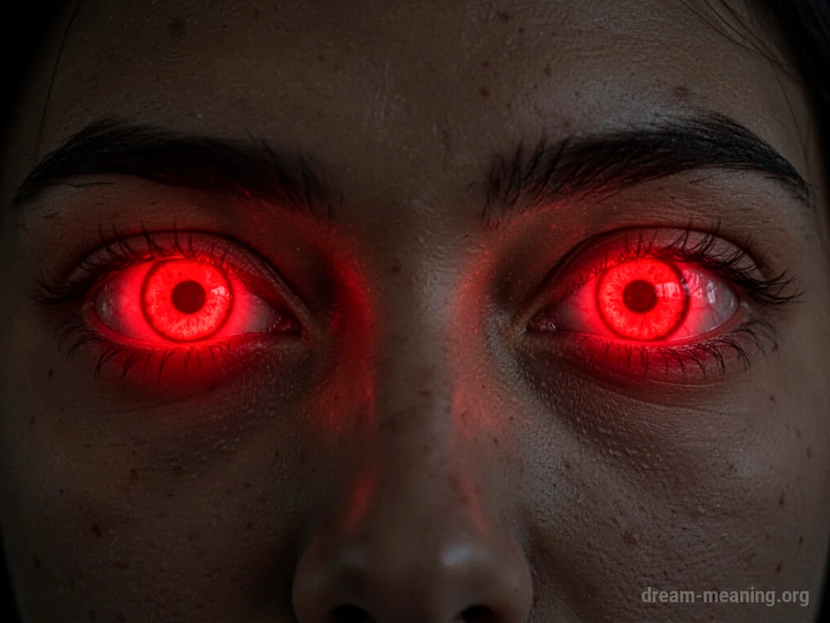 Close-up of a pair of eyes with a bright red glow emanating from them.