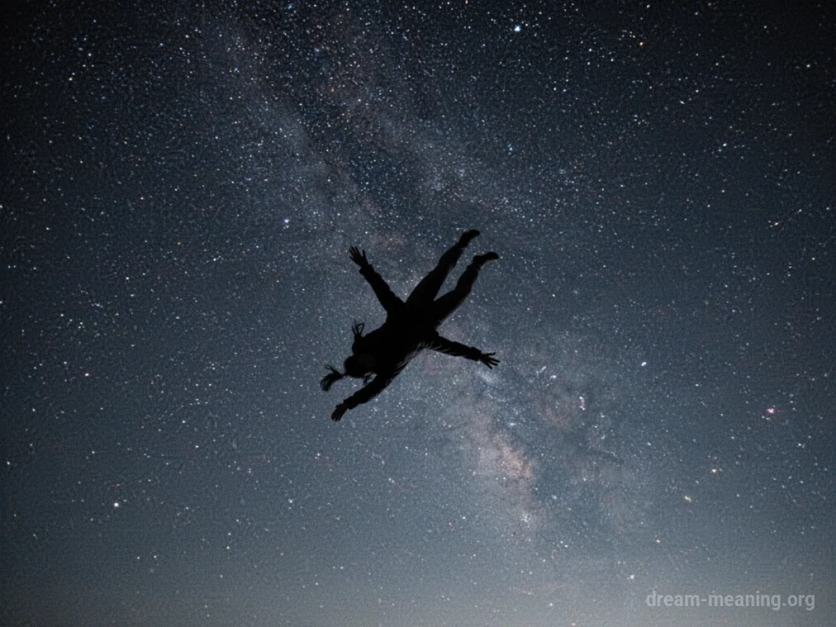 A silhouette falling rapidly through a dark starry sky.