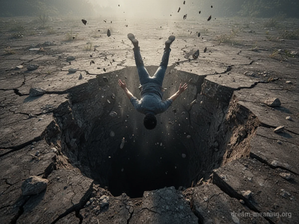 A figure descending through fractured ground.