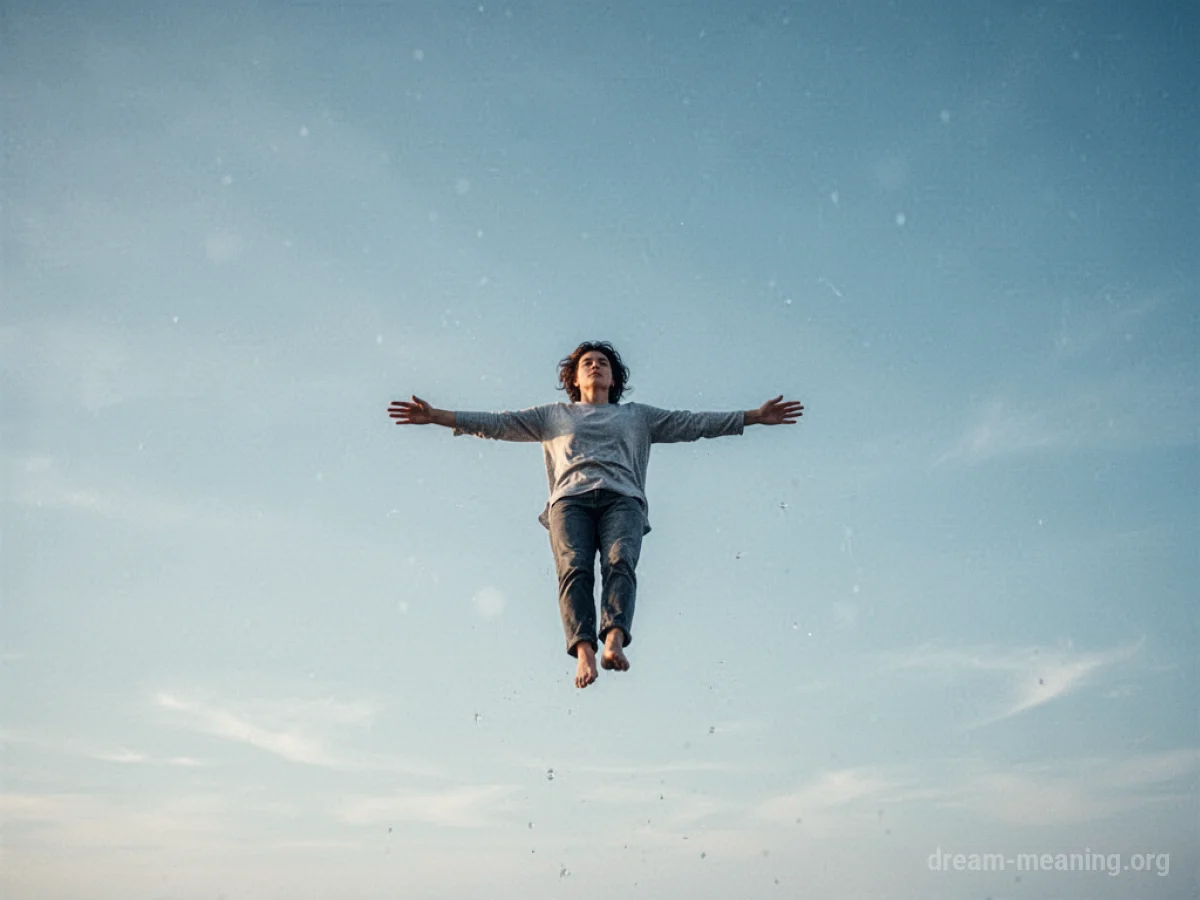 A person floating suspended in a bright blue sky.