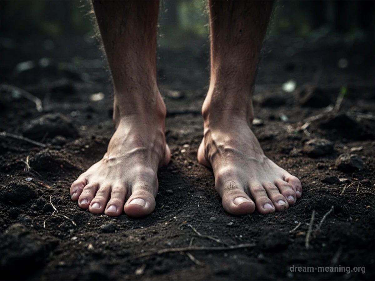 Two bare feet embedded in dark soil.