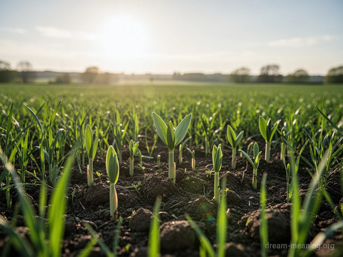 A green field with small plants growing.