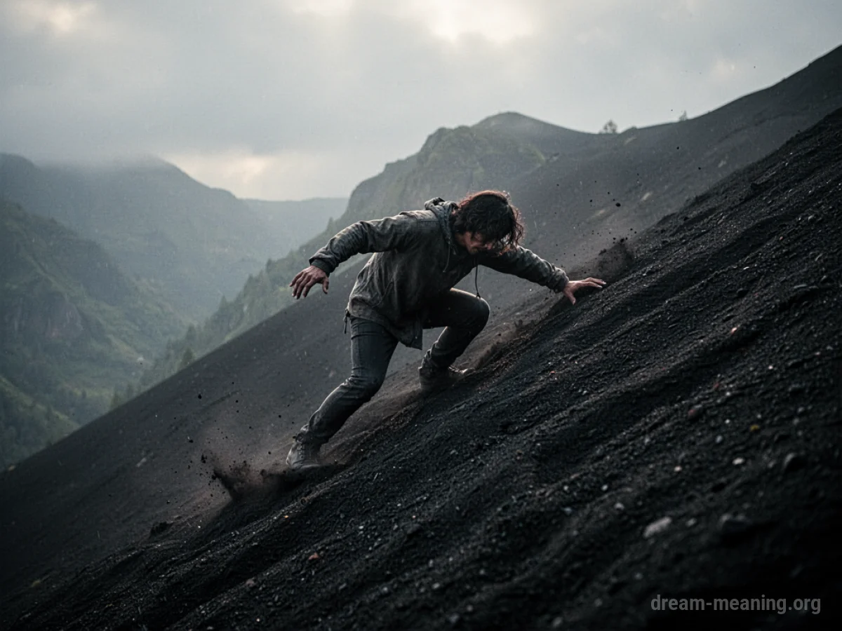Silhouette of a person straining to climb a dark, steep slope.