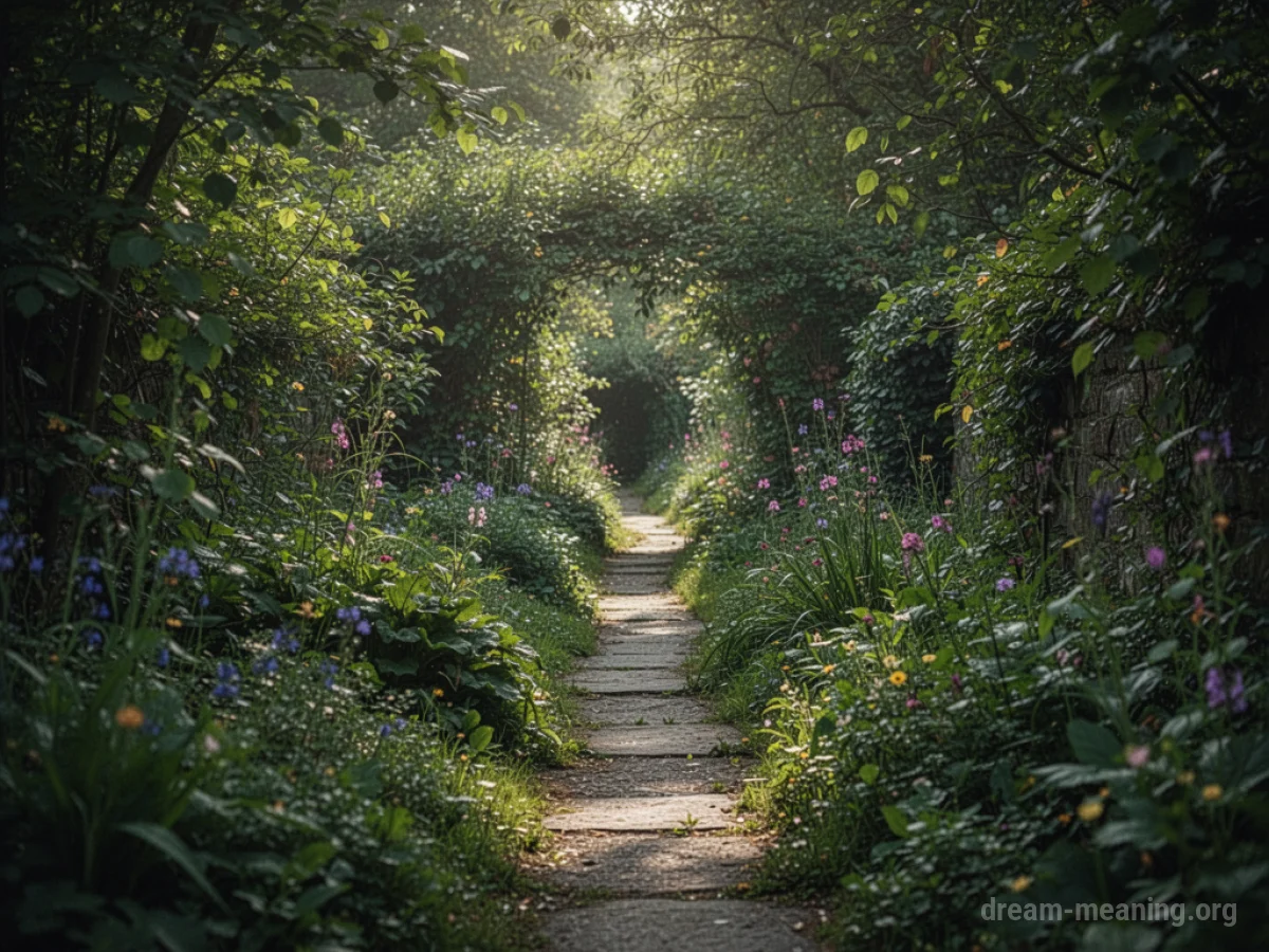 An overgrown garden path leading into dense foliage.