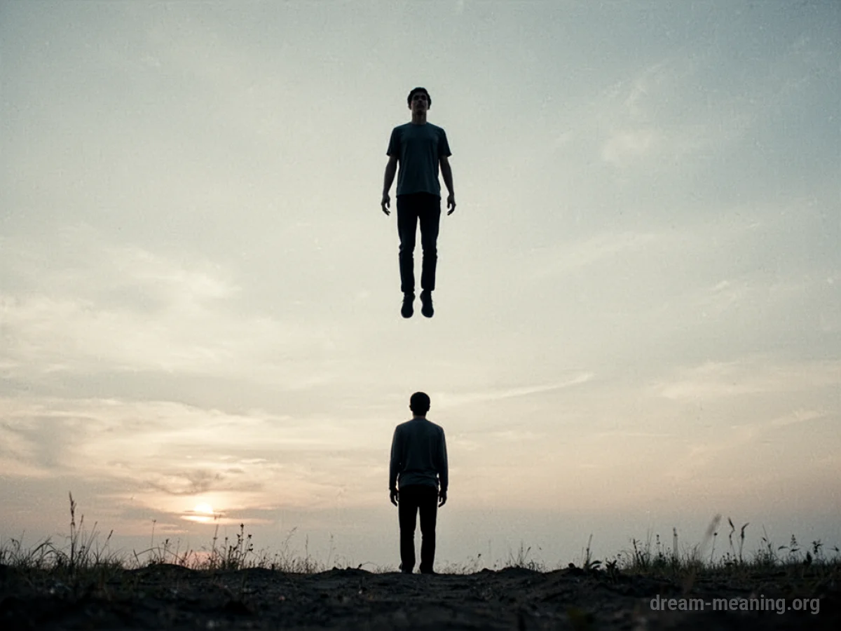 Silhouette of a person floating away from another person on the ground.