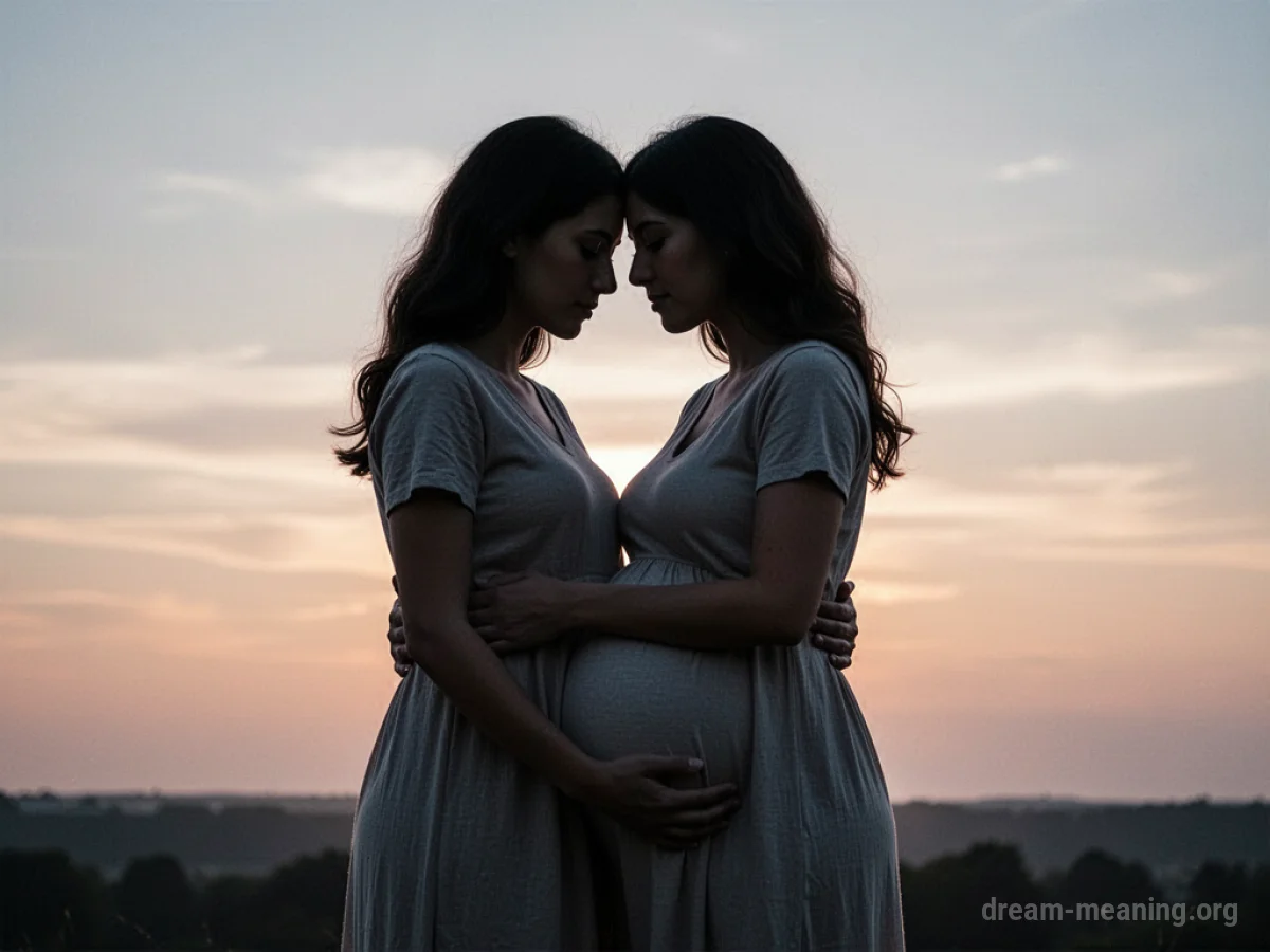 Two women embracing under a gradient sky.