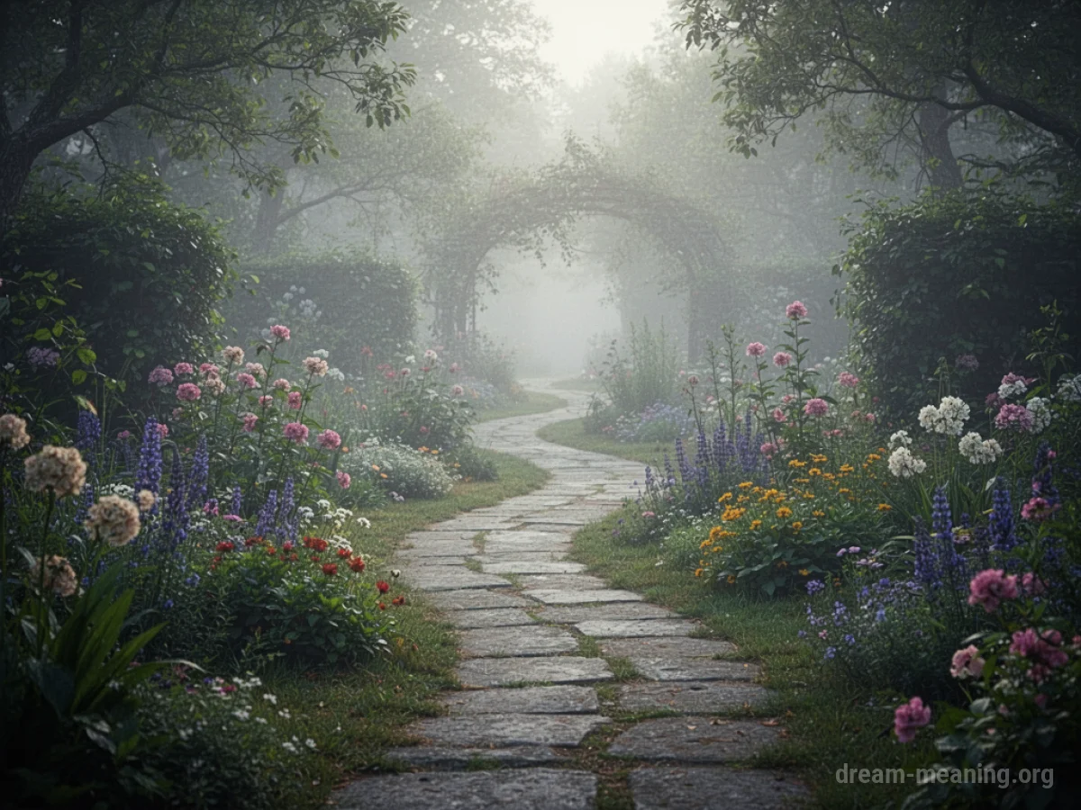 A garden path fading into a misty background.