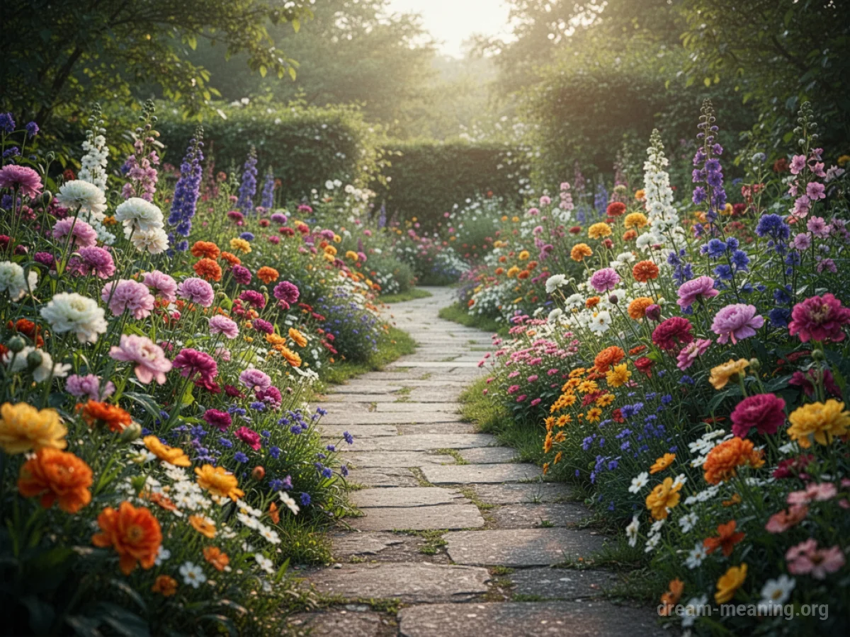 A stone garden path winding through colorful flowers.