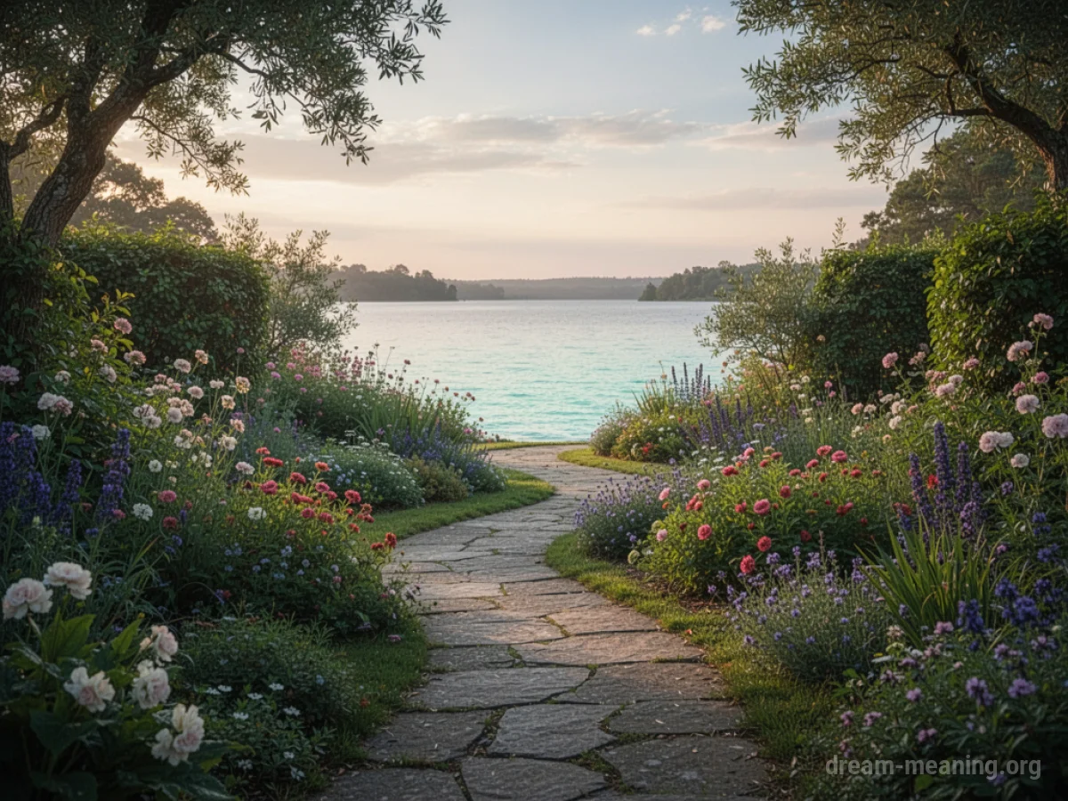 A stone garden path curves towards a calm lake.