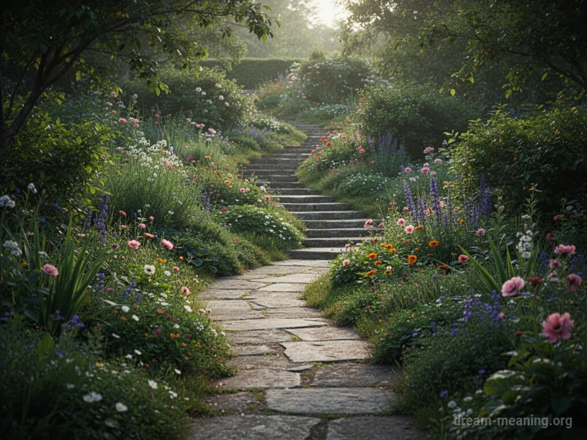 A garden path going upwards through a green landscape.