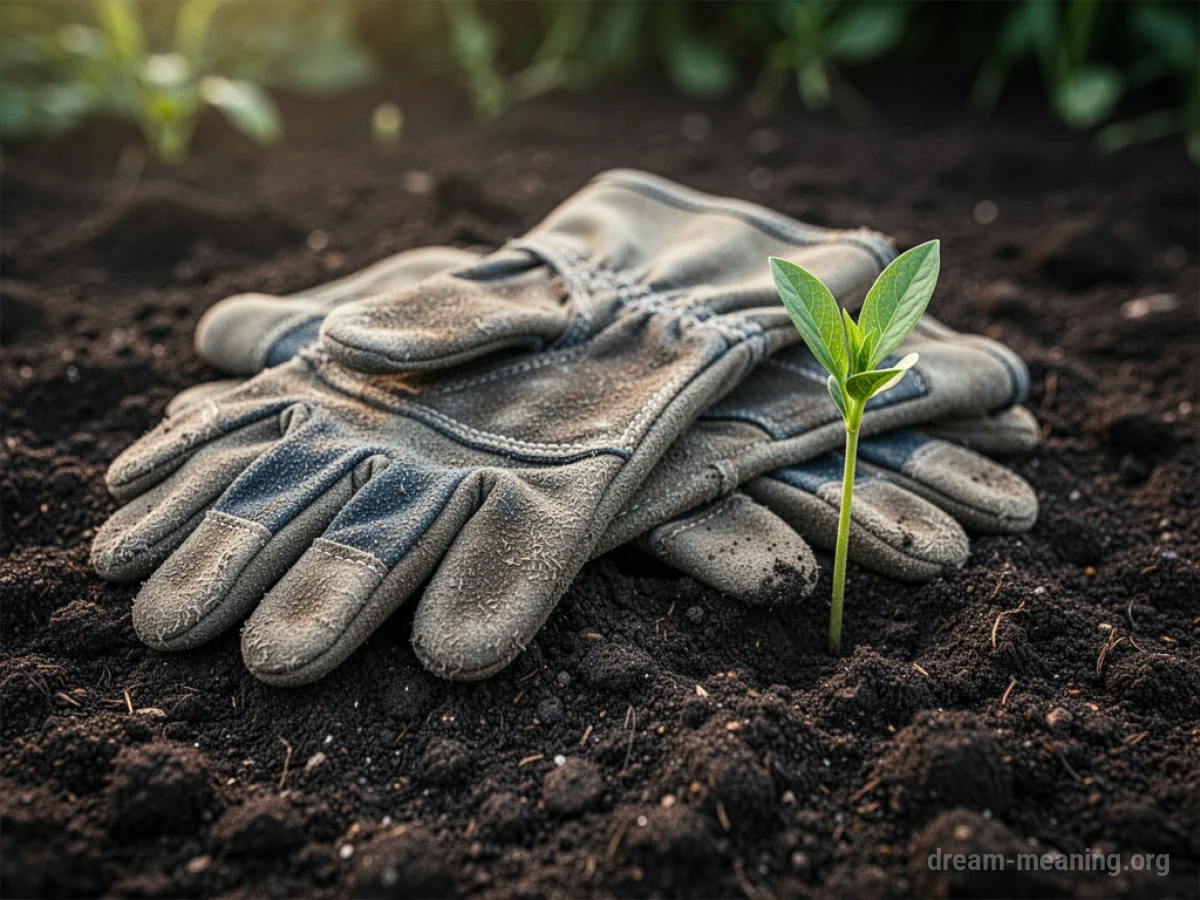 A pair of dirt-stained gardening gloves lying on soil next to a small green plant sprout.