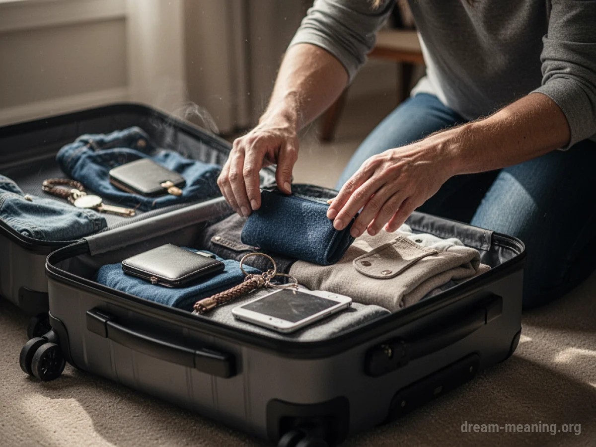 Hands placing items into an open suitcase.