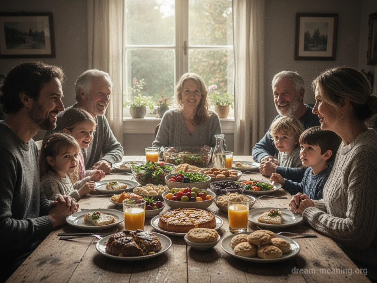 A family sitting at a dining table filled with plates of food.