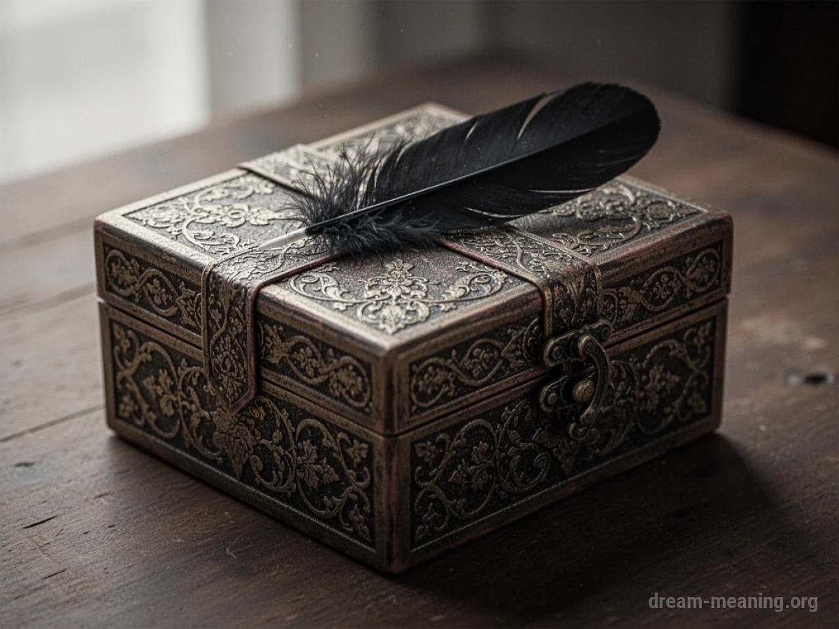 An ornate gift box with a black feather on its surface.