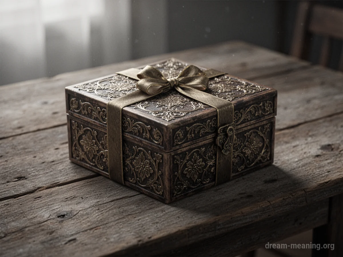 An ornate gift box resting on a wooden table.