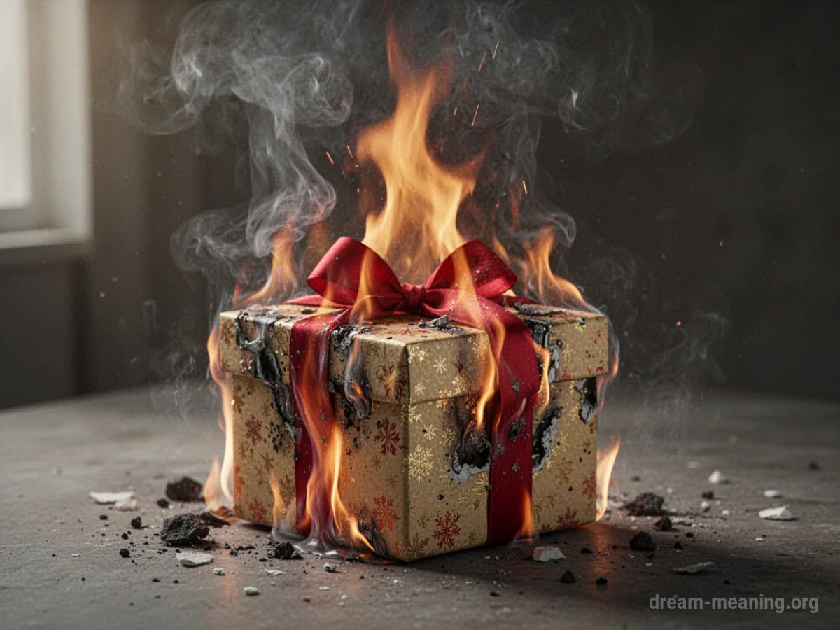 A closed gift box with flames licking its sides and smoke billowing upwards.