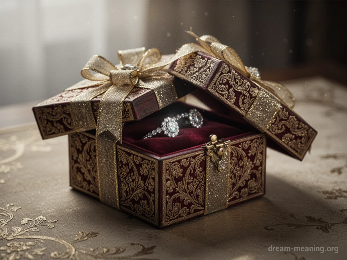 An elegantly wrapped gift box with a hint of sparkling jewelry peeking out.