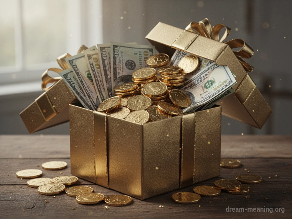 A gift box overflowing with banknotes and coins.