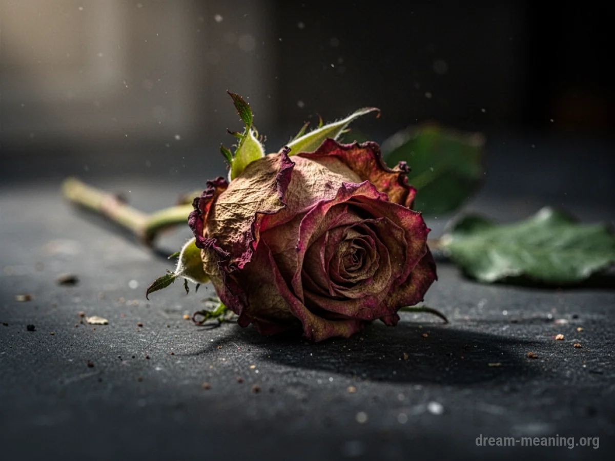 A wilting rose on a dark surface.