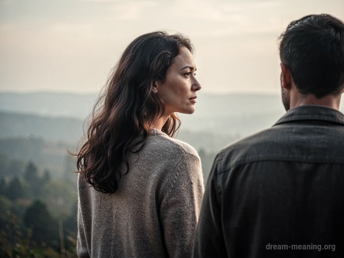 A person standing with their back to another person, looking away.