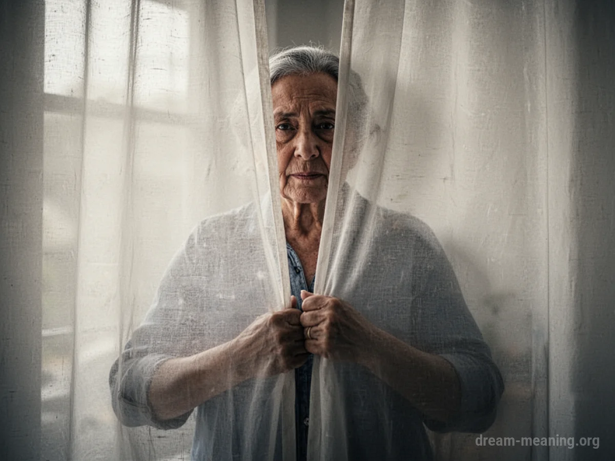 A fully formed adult figure stands behind a sheer curtain.