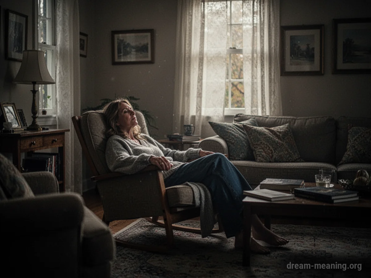 A woman is sitting in a chair in a dimly lit room.
