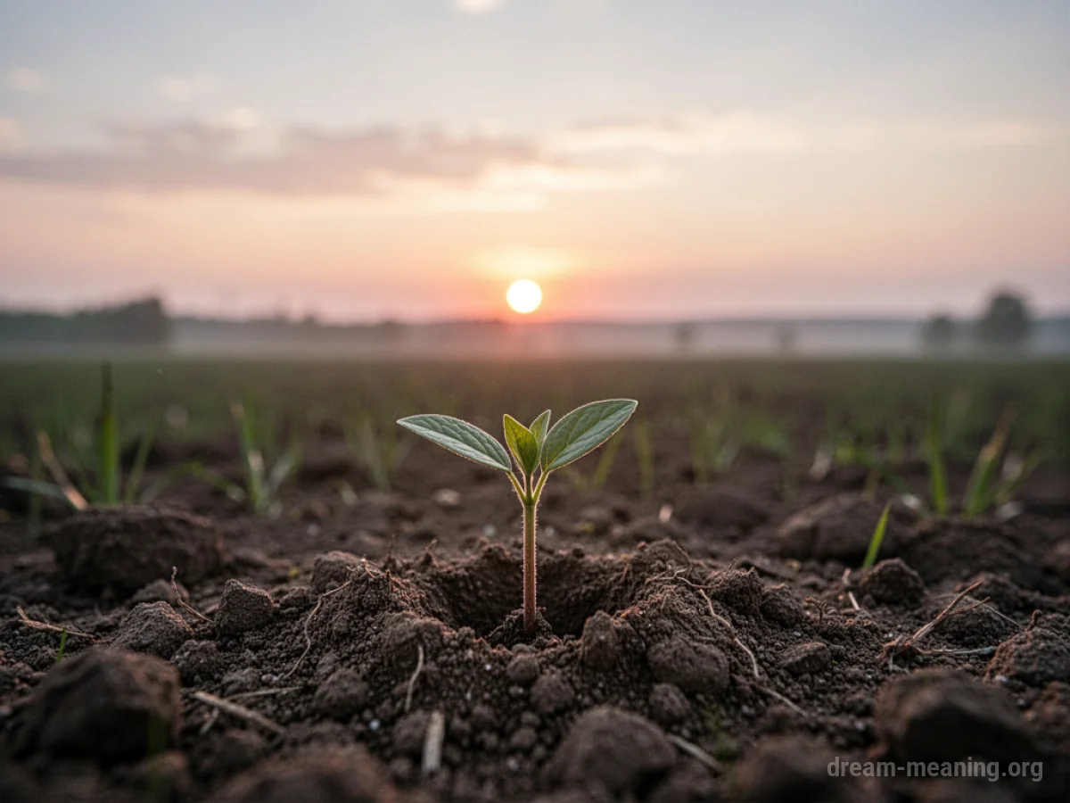 A seedling sprouting from the earth with a soft sunrise in the background.