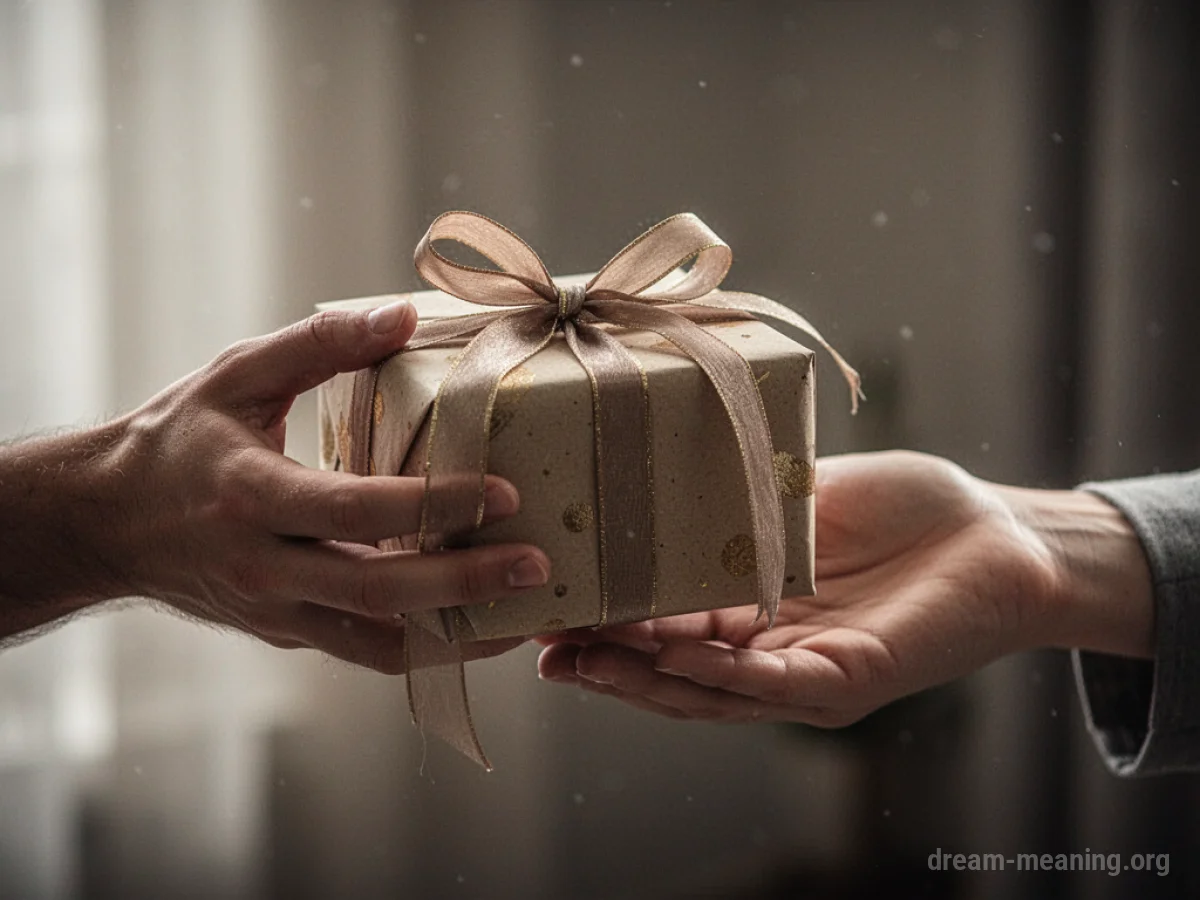 A hand offers a wrapped gift box to another hand.