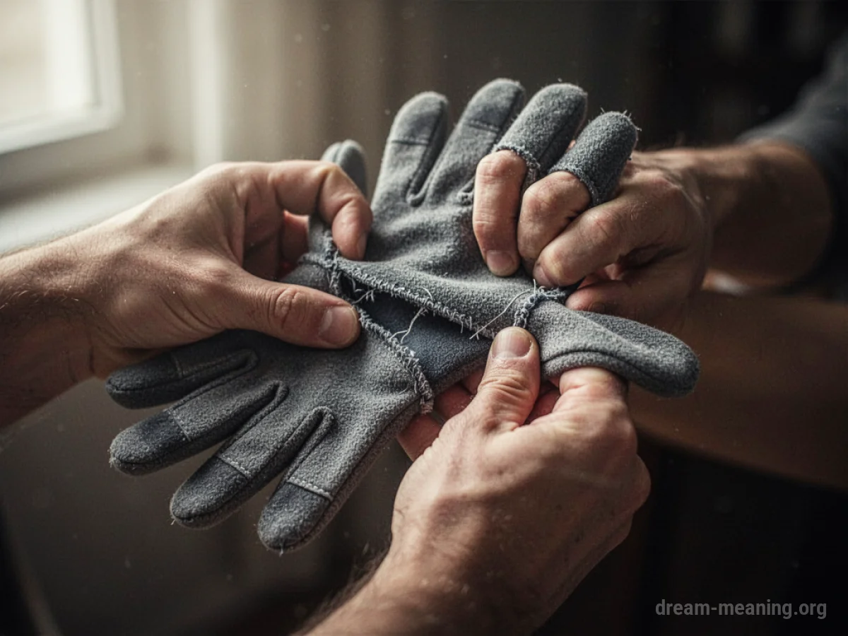 Hands struggling to fit into small gloves.