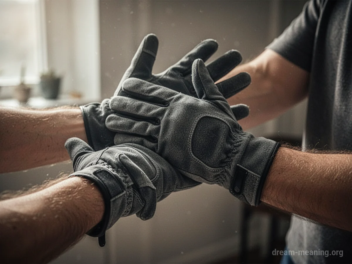 Two hands fumbling with gloves, one glove on the incorrect hand.