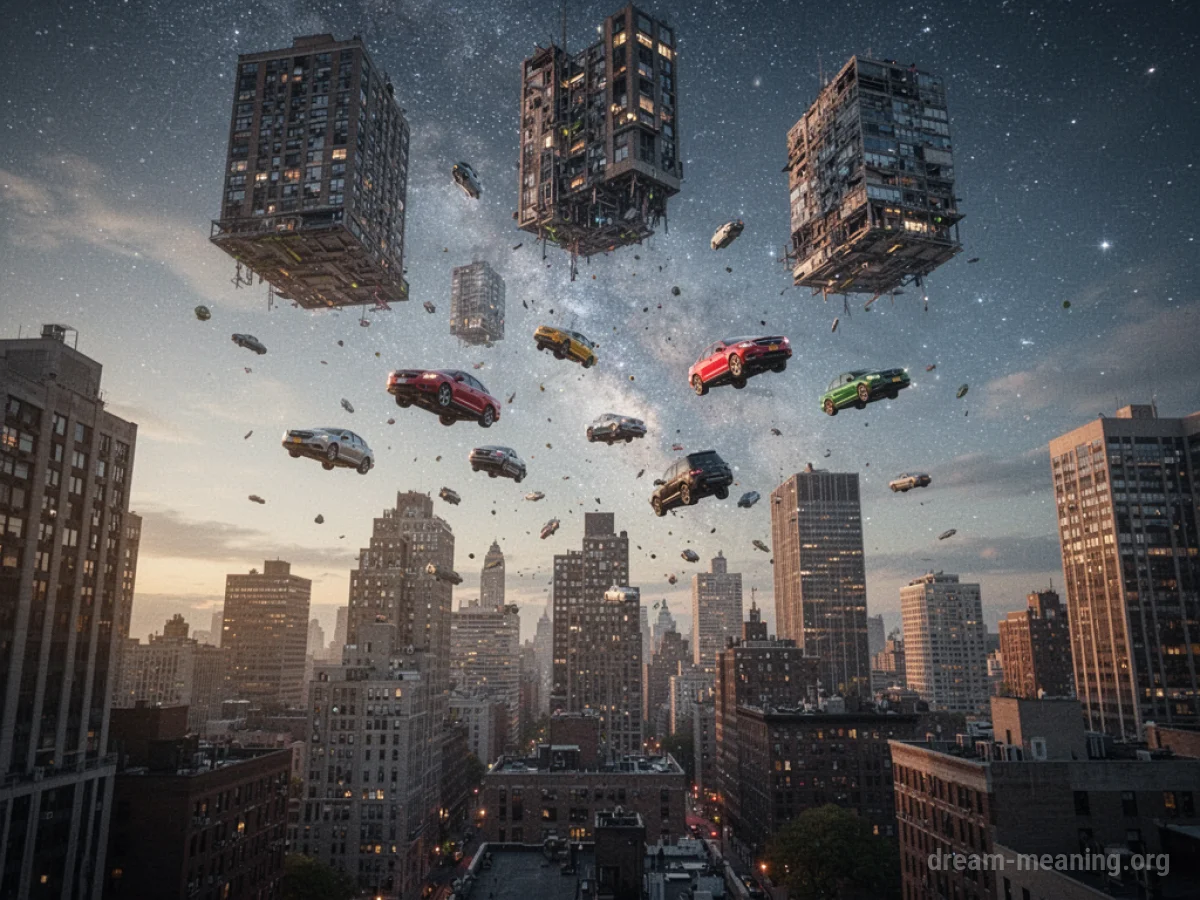 Buildings and cars floating upwards into the sky above a city.