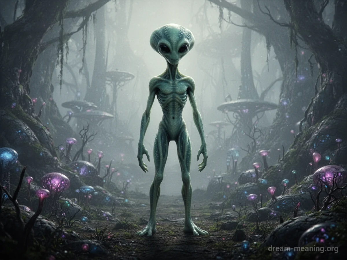 A shadowy silhouette of a green alien figure against a hazy backdrop.