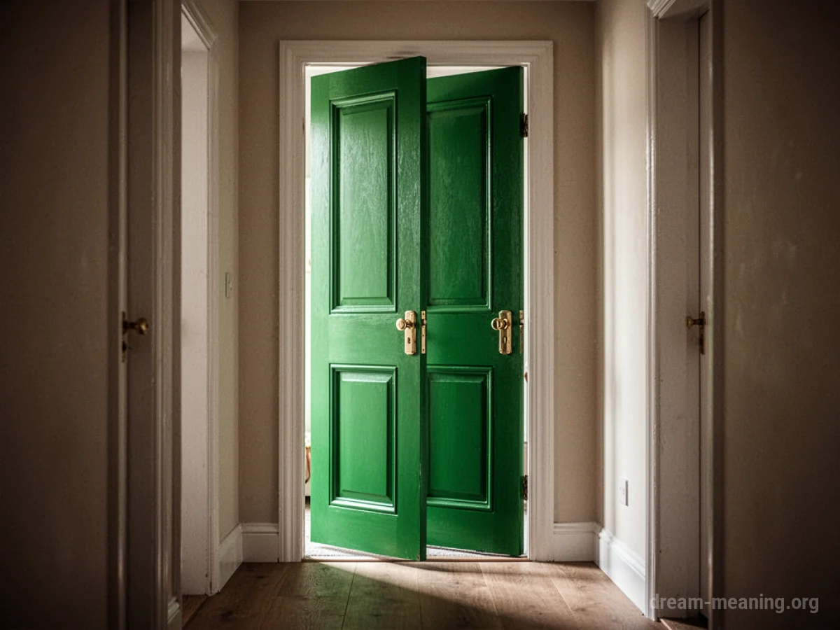 A green door is partially open.