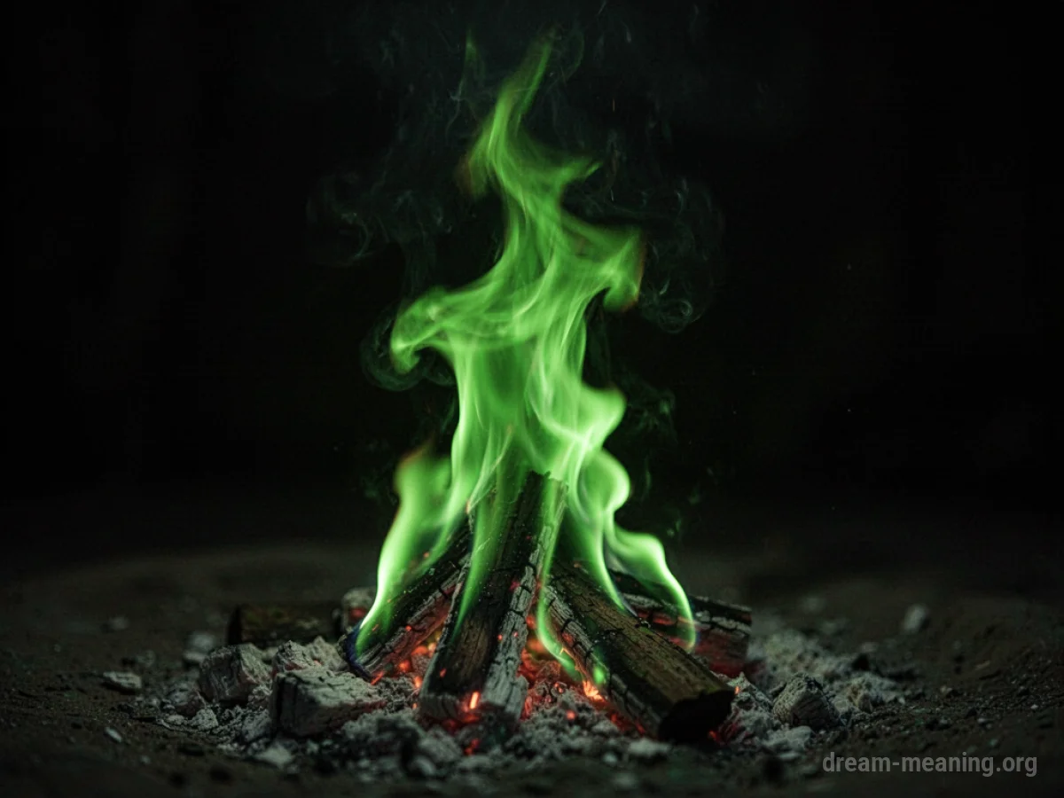 A bright green fire burning.
