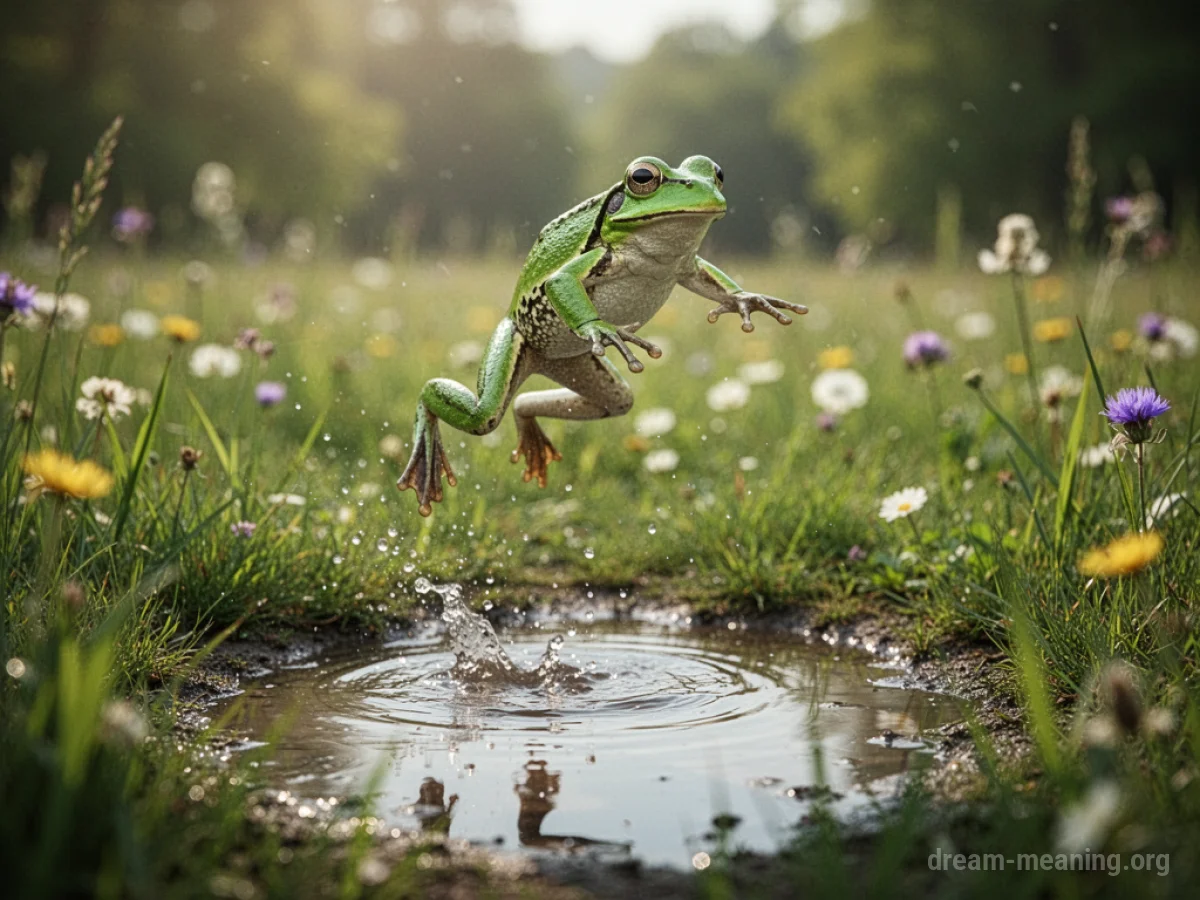 A green frog captured mid-leap above a small body of water.