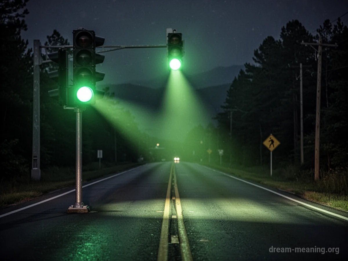 A green traffic light glowing brightly on a dark street.